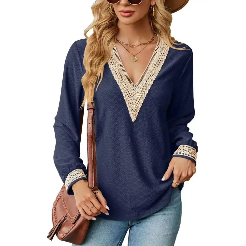Women V Neck Hollow Out Color Matching Patchwork Long Sleeve Blouse