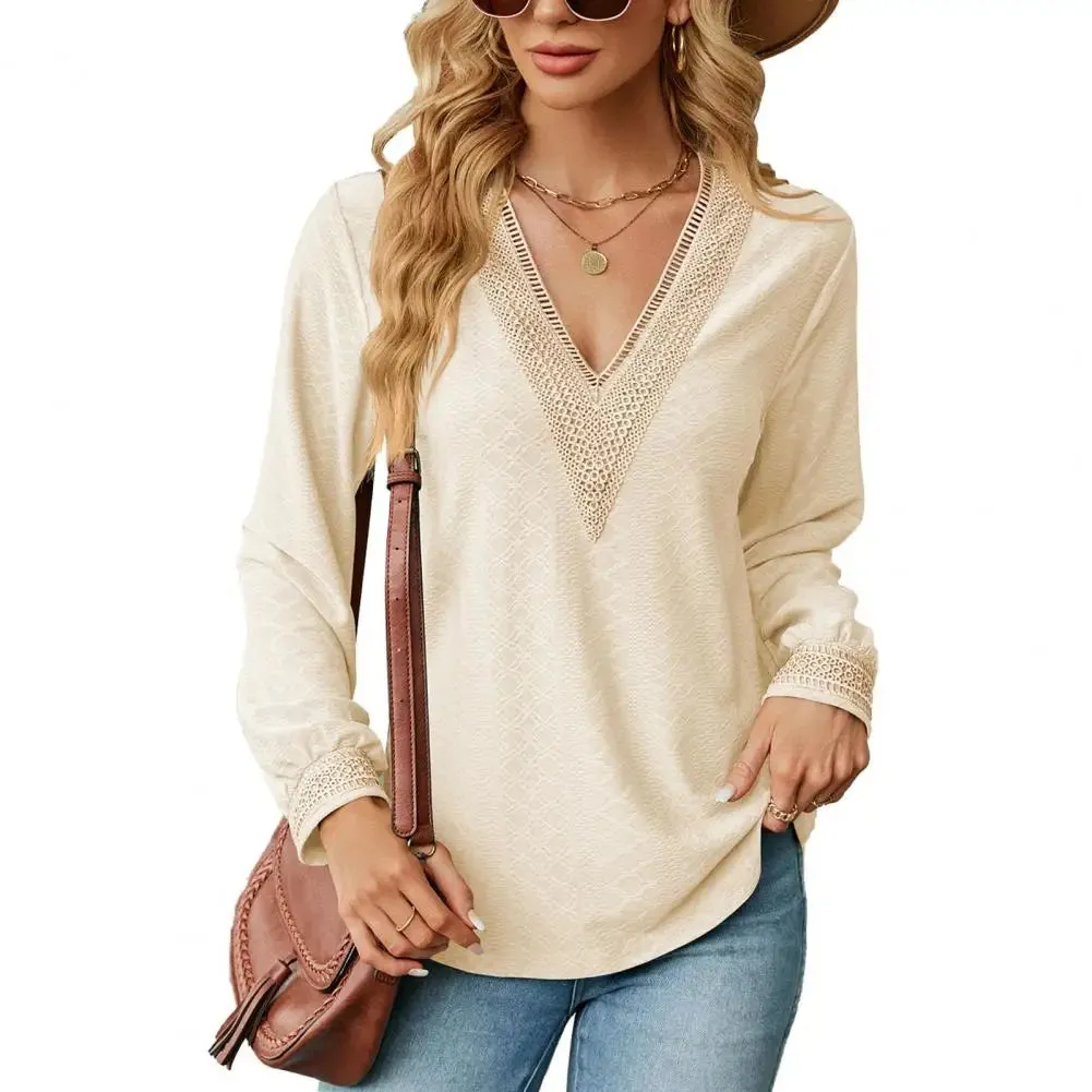 Women V Neck Hollow Out Color Matching Patchwork Long Sleeve Blouse