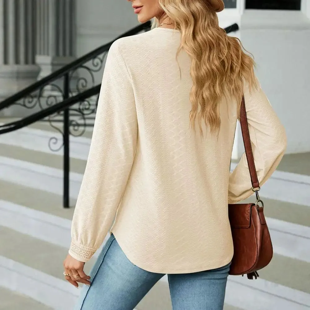 Women V Neck Hollow Out Color Matching Patchwork Long Sleeve Blouse