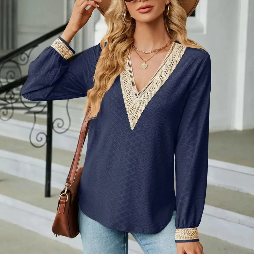 Women V Neck Hollow Out Color Matching Patchwork Long Sleeve Blouse
