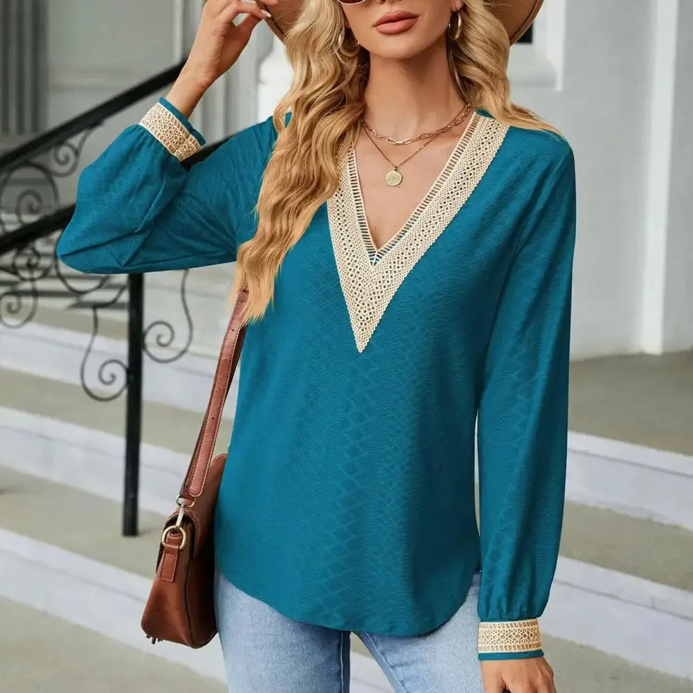 Women V Neck Hollow Out Color Matching Patchwork Long Sleeve Blouse
