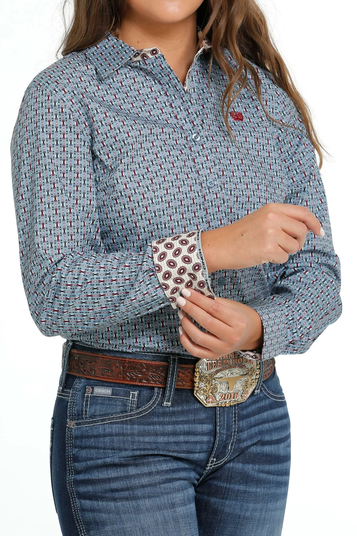 Women's Cinch MSW9165037 Light Blue Multi Print Button Long Sleeve Shirt CLOSEOUT