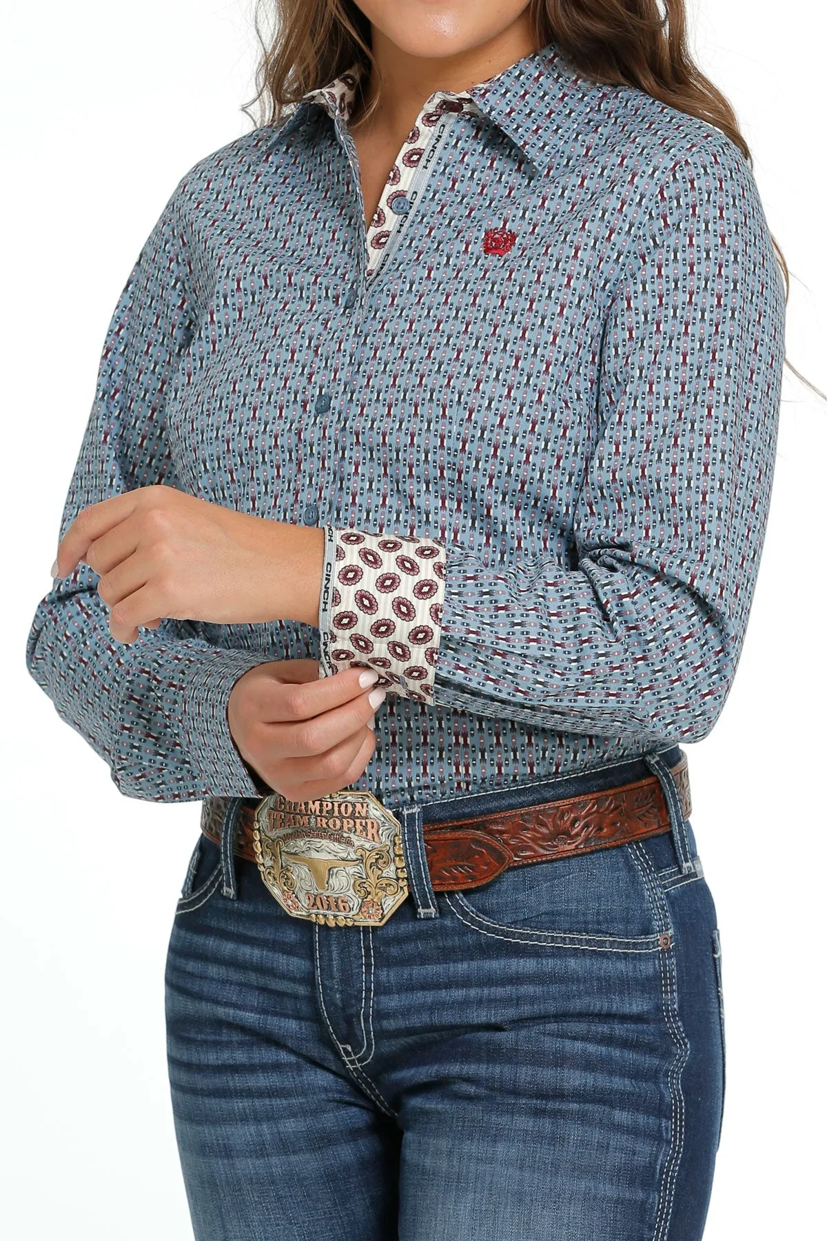Women's Cinch MSW9165037 Light Blue Multi Print Button Long Sleeve Shirt CLOSEOUT