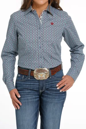 Women's Cinch MSW9165037 Light Blue Multi Print Button Long Sleeve Shirt CLOSEOUT