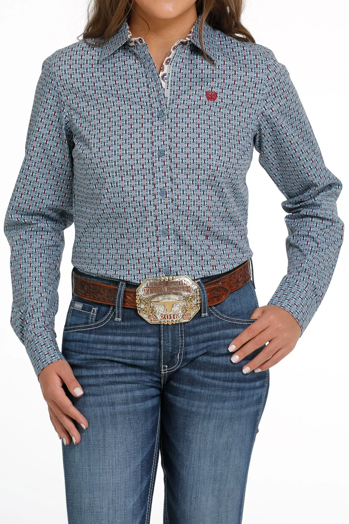 Women's Cinch MSW9165037 Light Blue Multi Print Button Long Sleeve Shirt CLOSEOUT