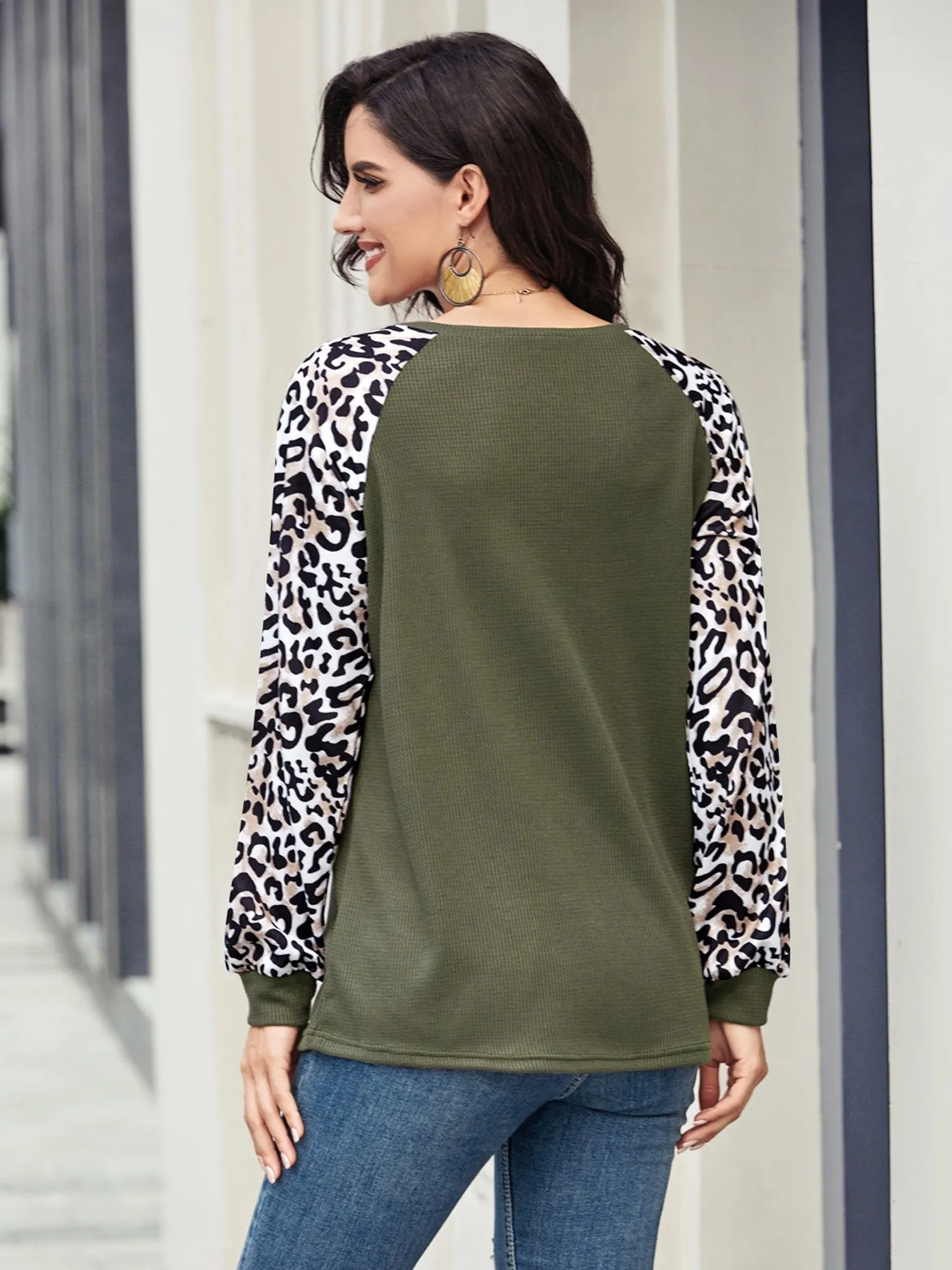 Women's Leopard Printed Long Sleeve Color Block T Shirts Tops
